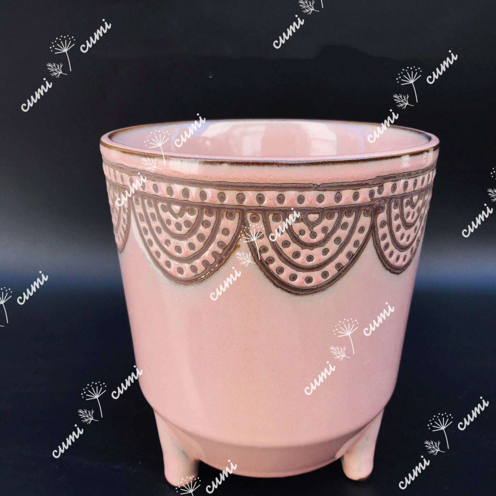 N0050【エジプト】5号 脚付き ピンク 植木鉢カバー 室内 陶器鉢 多肉