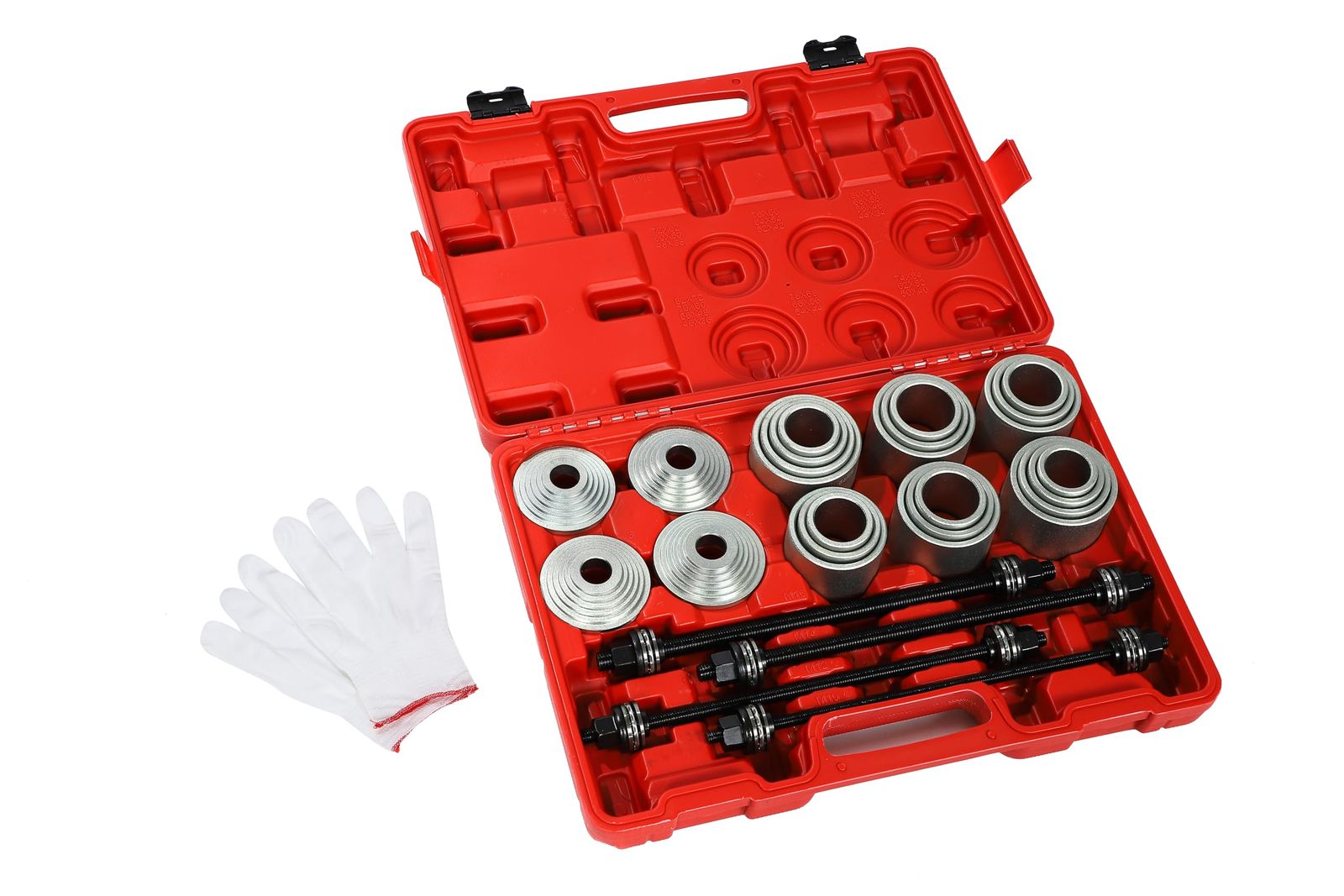 プルスリーブ キット 油圧プレス SST 特殊工具 28点セット ケース付き スリーブ アタッチメント ブッシュ ベアリング マウント リムーバー 取り外し ツール 当て金 脱着 圧入 交換 治具 ハブベアリング 赤 汎用 