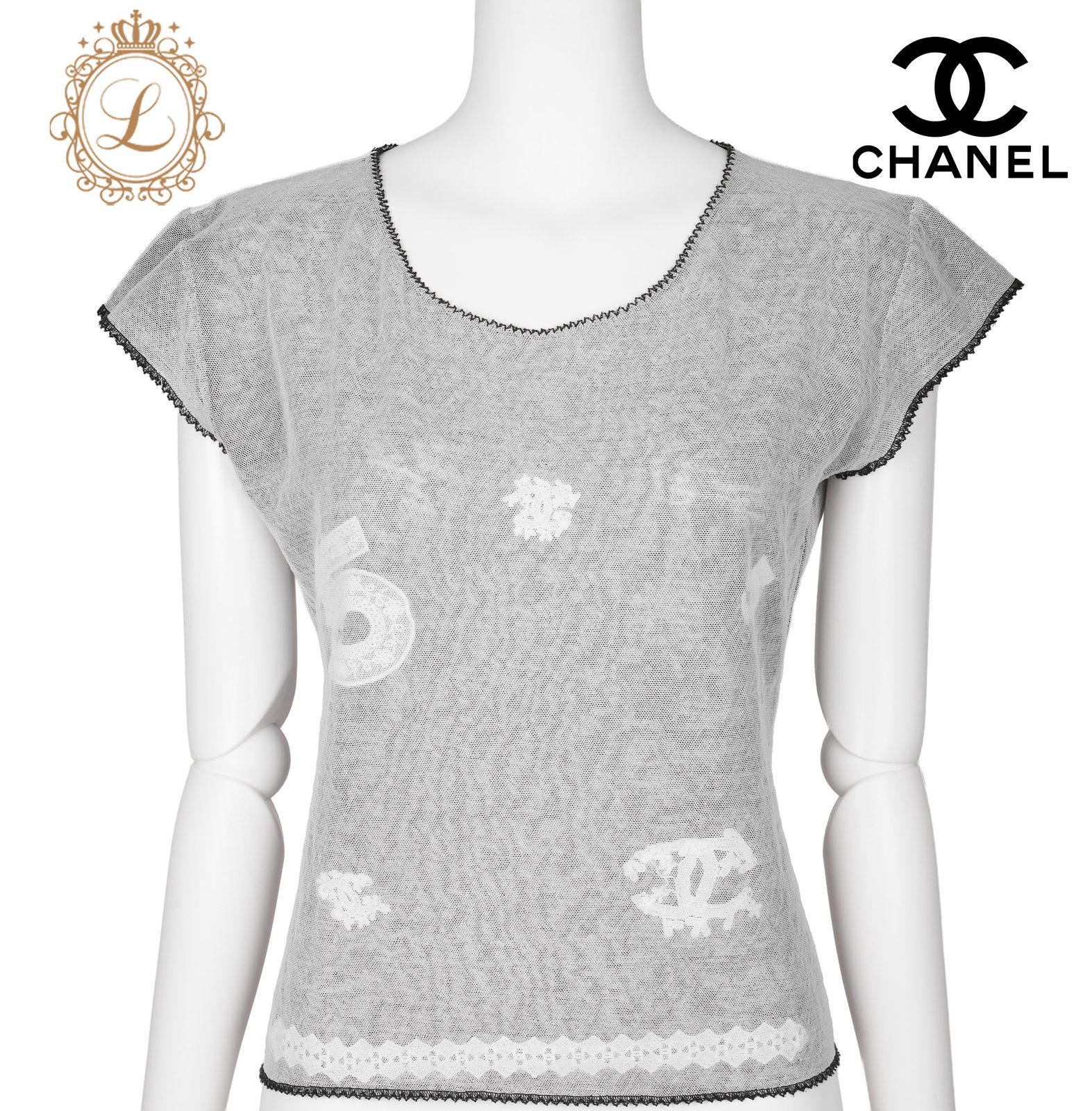 返品可 CHANEL シャネル ココマーク No5 レース トップス 42 白 Tシャツ 半袖 カットソー ブランド アパレル