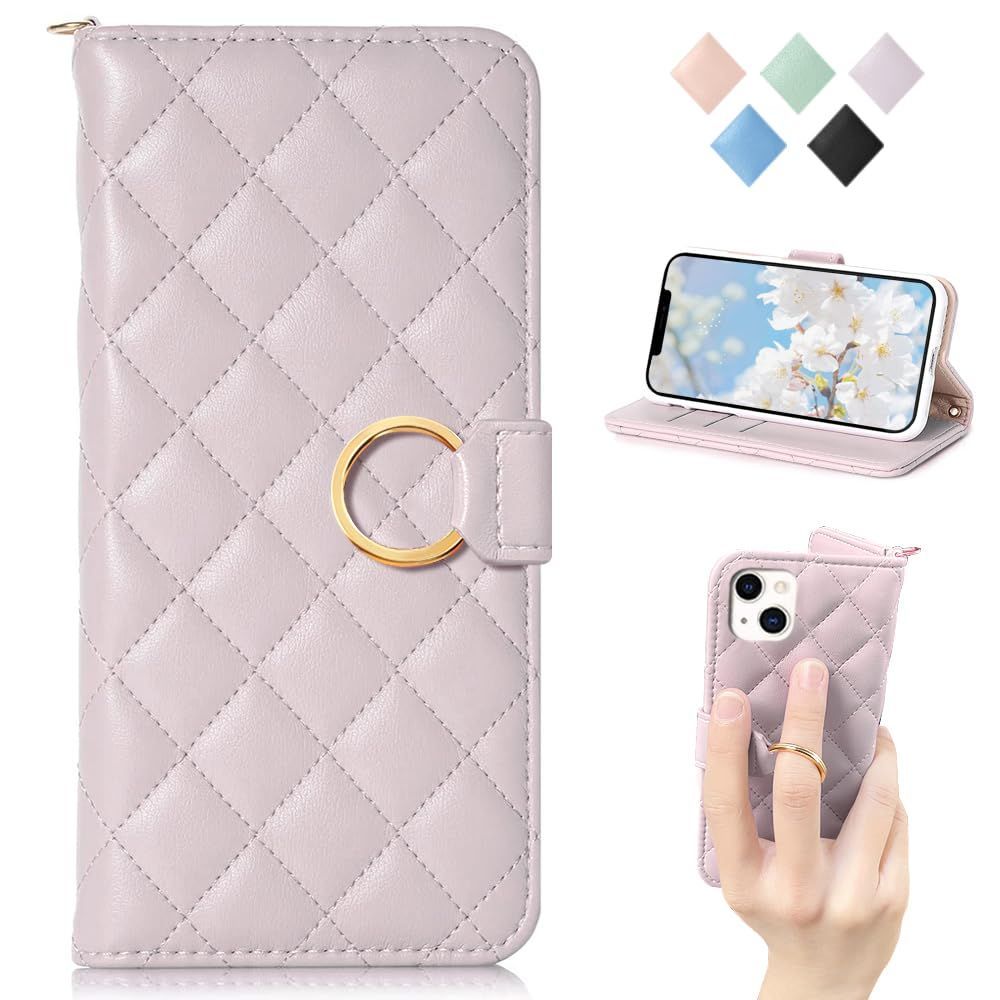 【数量限定】6.1inch対応）パープル 13， (iPhone 全面保護 落下防止 贈り物 気質 高級PUレザー 横置き機能 折り畳み式 かわいい 手帳型 手帳型 手帳型 アイホン13 美しい 女性 財布型レディース 