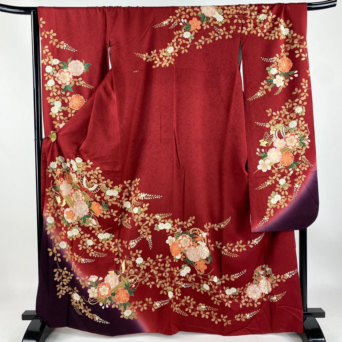 振袖 身丈165.5cm 裄丈68cm L 袷 花筏 蝶 金彩 ぼかし 赤 正絹 秀品
