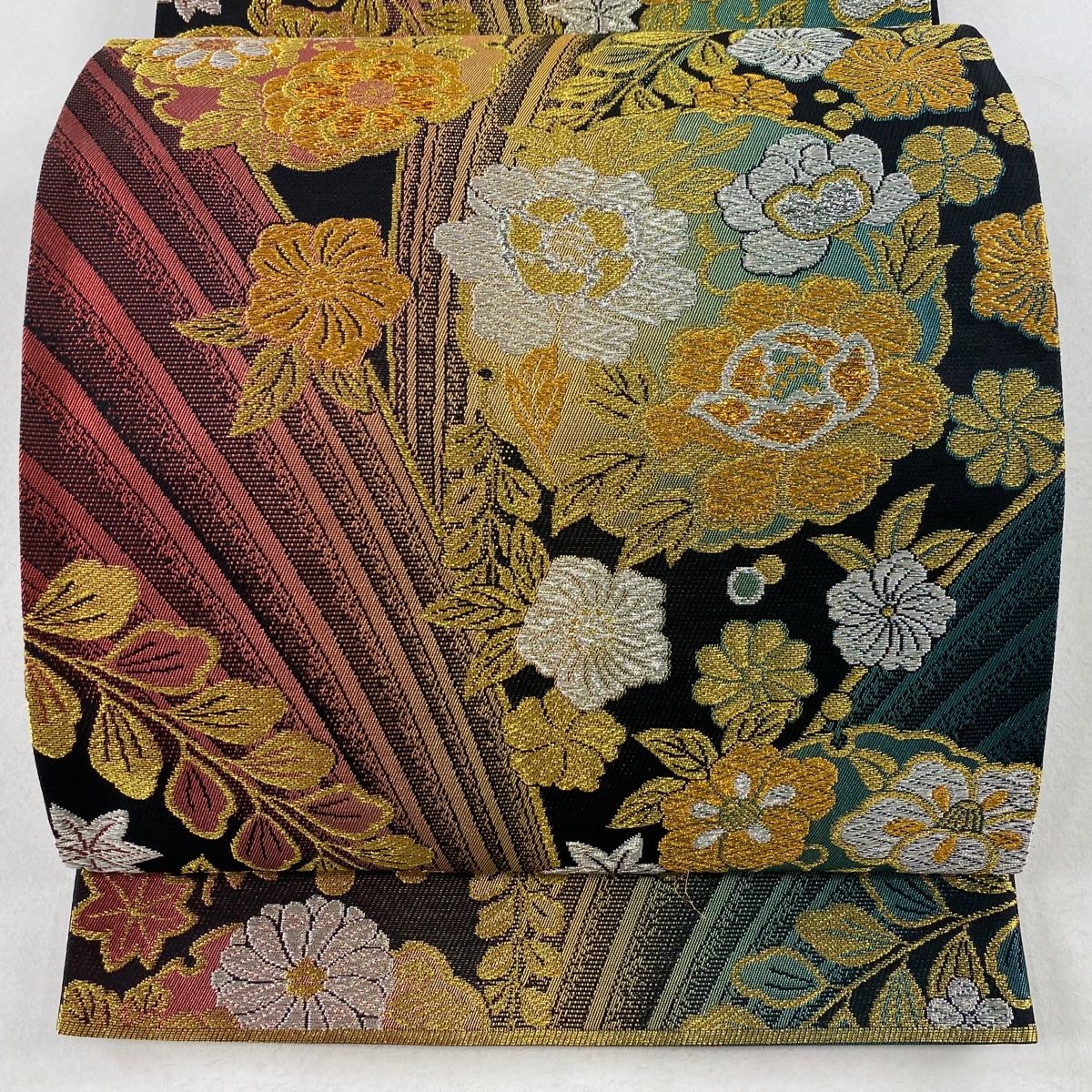袋帯 秀品 振袖向き 雪輪 花唐草 金銀糸 箔 墨色 六通 正絹