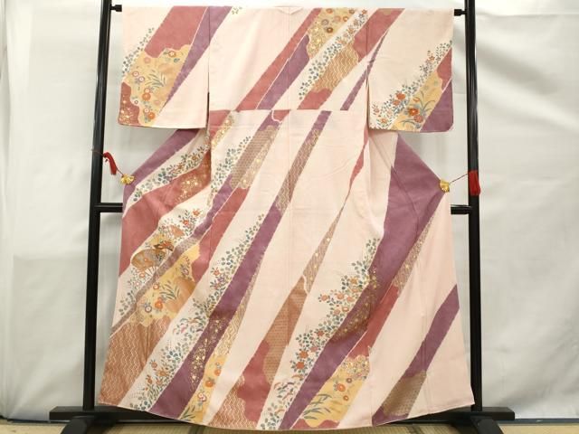 平和屋着物●訪問着　作家物　鏡裏扇面花鳥文　暈し染め　金彩　鬼しぼ縮緬　反端付き　正絹　逸品　未使用　DAAU0800tw 平和屋着物○訪問着 作家物 鏡裏扇面花鳥文 暈し染め