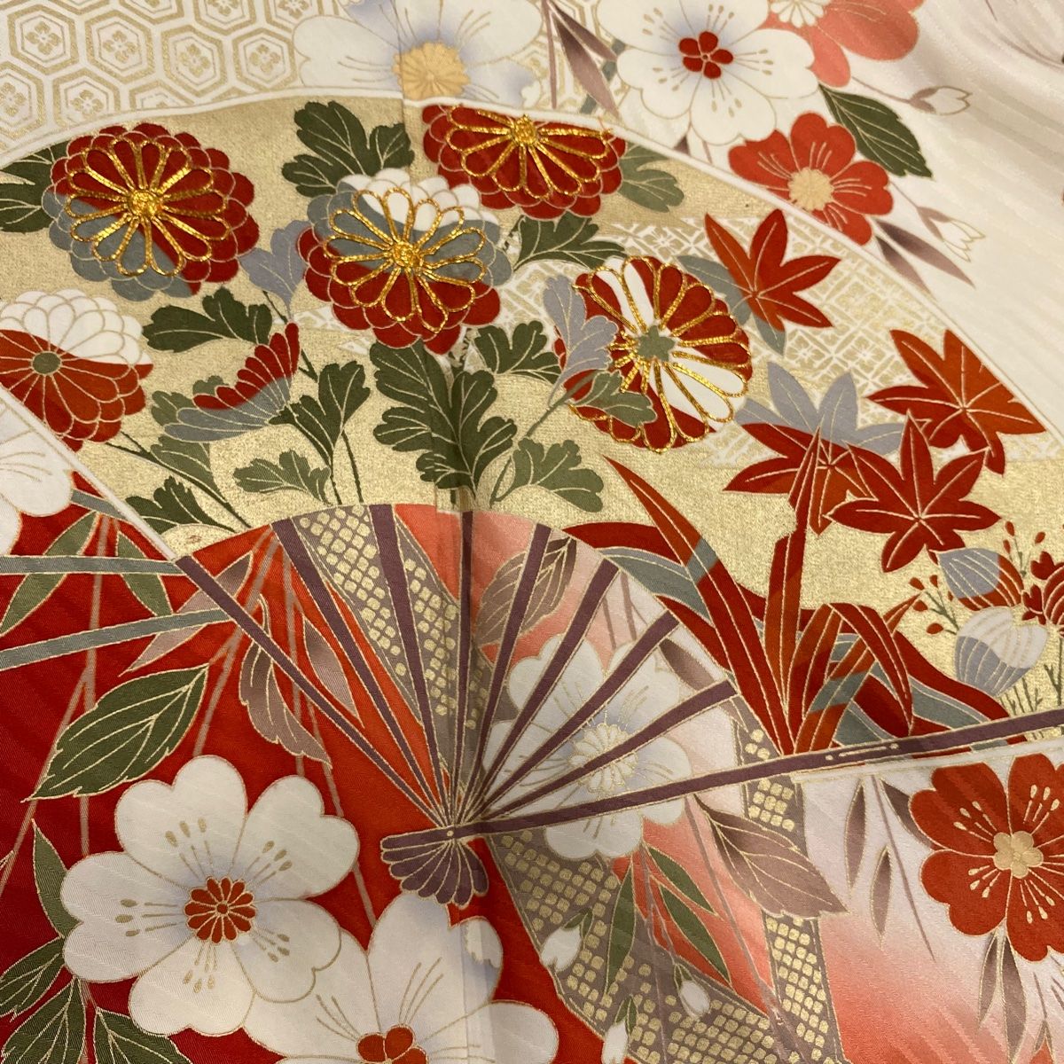 美品！普遍的伝統柄＊花扇＆鶴＊優美＊振袖＊トールサイズ＊１６９ｃｍ＊裄６９ 平和屋本店□極上 創業460年・千總 振袖 駒刺繍 筒花文 紺藍色地