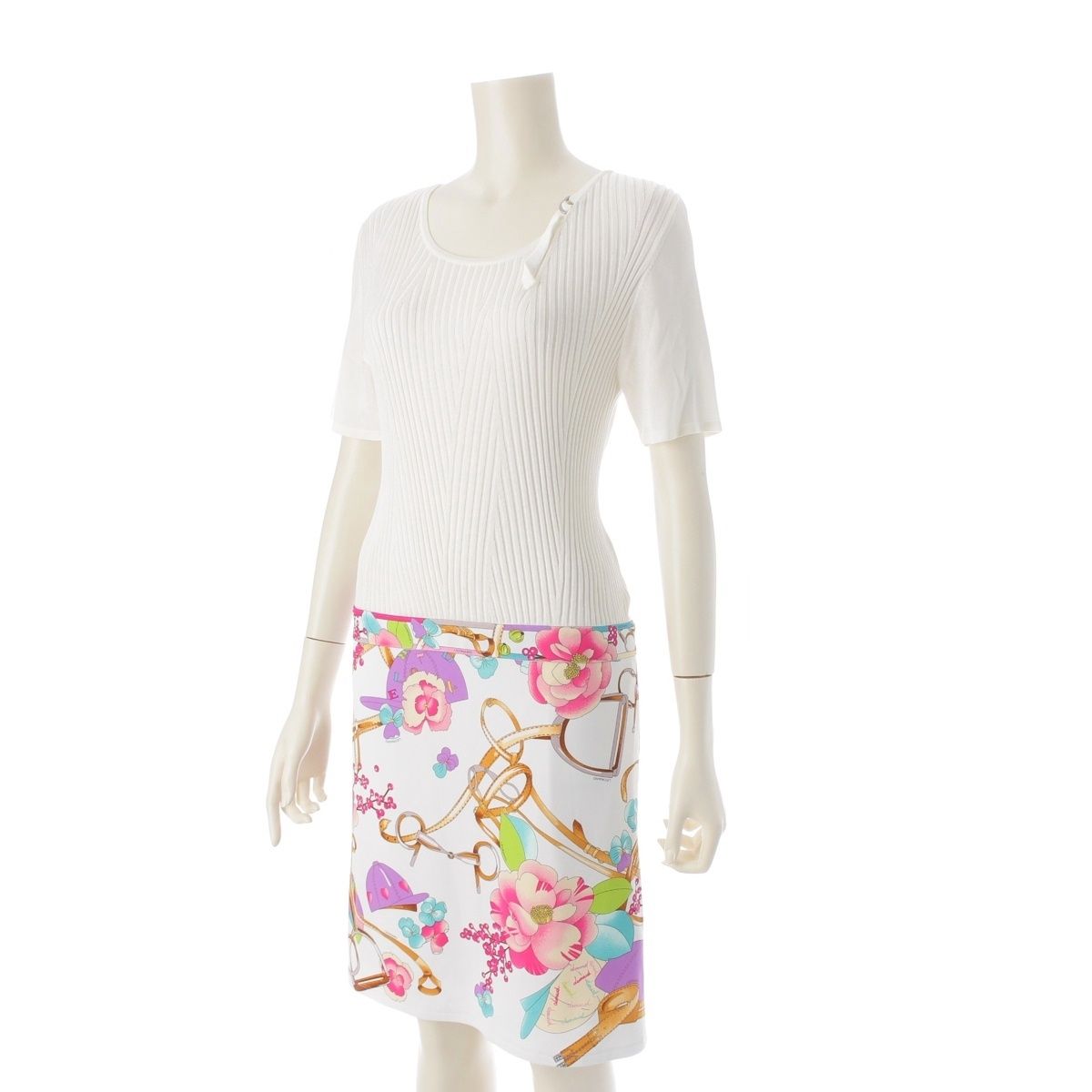 レオナールスポーツ アセテート フラワー 花柄 切替 ニット ワンピース ドレス 0589519 ホワイト 38