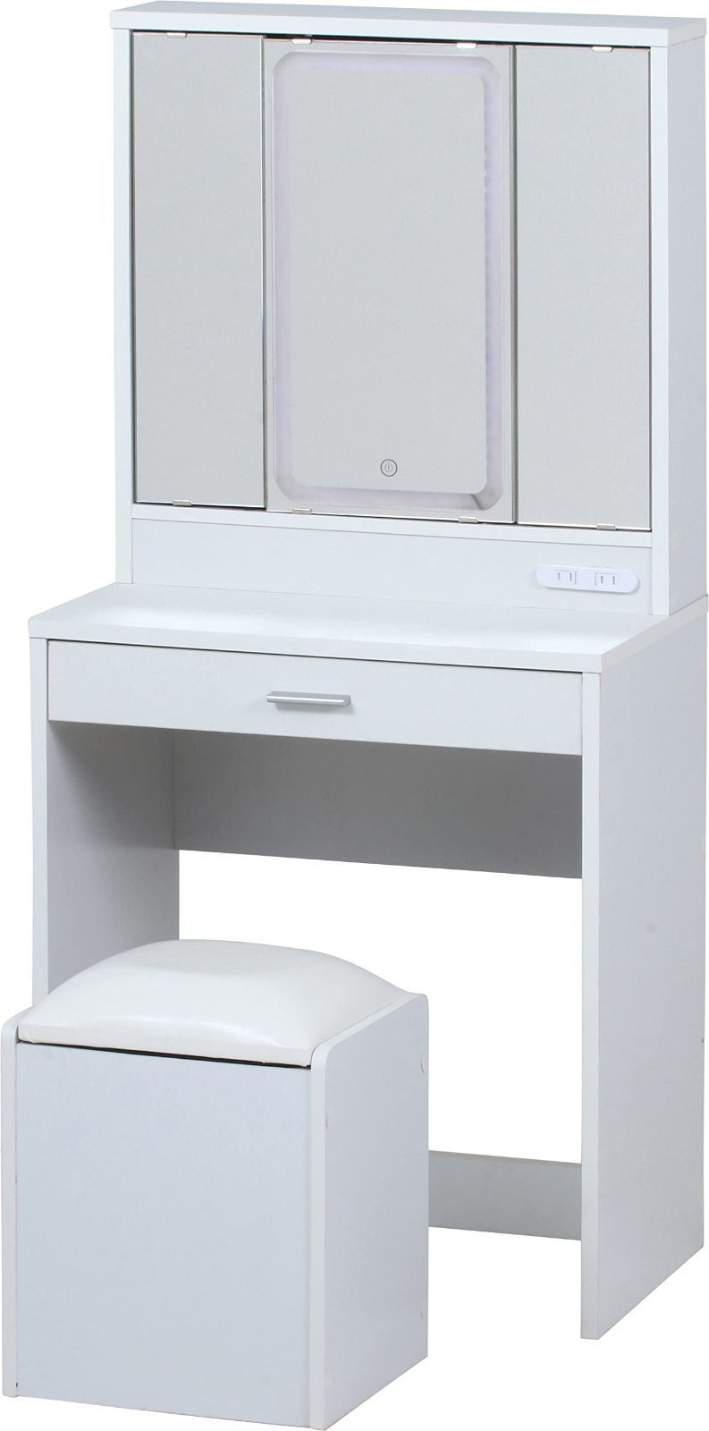 新着商品 LEDライト付 三面鏡 スツール収納 ホワイト 幅60×奥行39×高さ130cm 鏡台 99546 ドレッサー 不二貿易