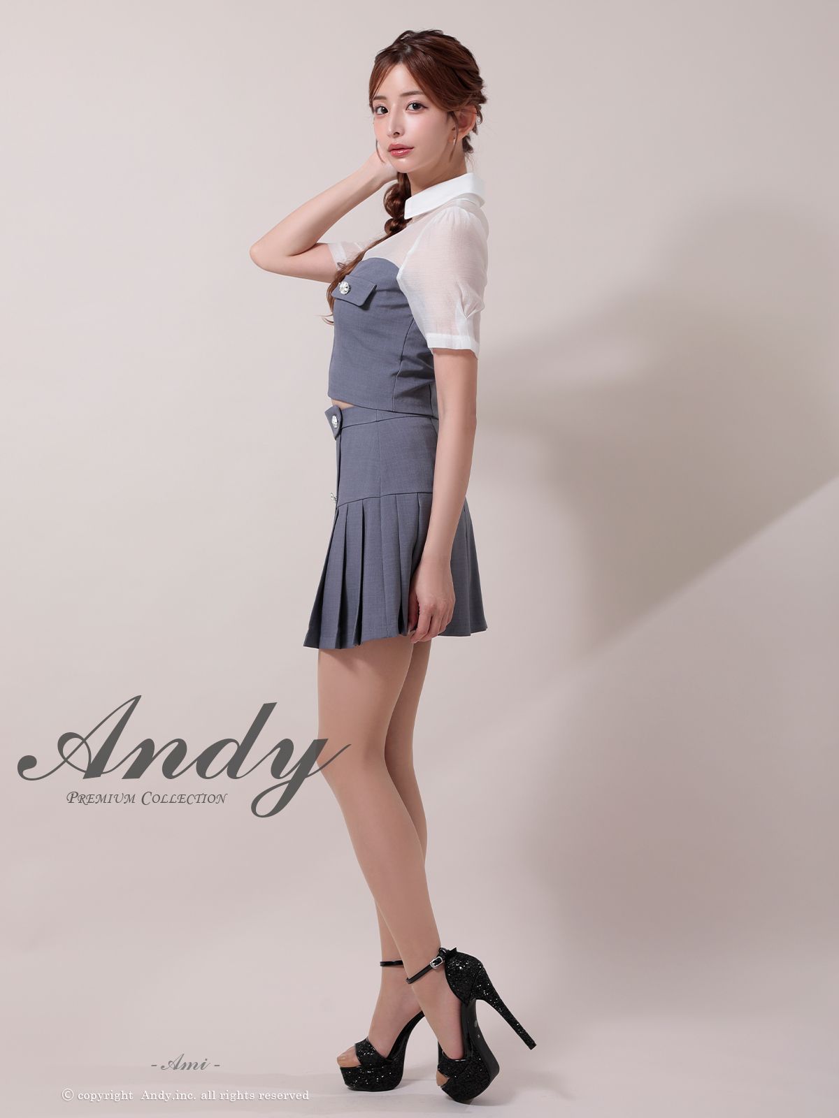 グレー OK2979-GY-2508 XSサイズあり ANDY アンディ 襟付き 重ね着風 ビジューボタン フロントジッパー バイ 半袖 袖あり プリーツ フ セットアップ ミニドレス キャバドレス MAAHADDERANG_COM