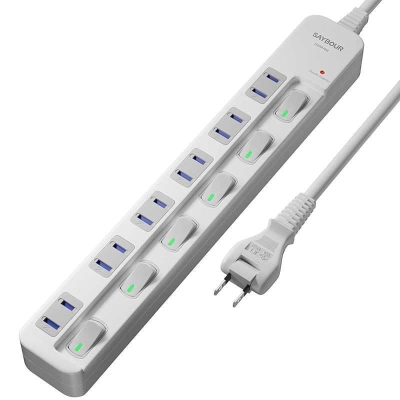 SAYBOUR 電源タップ 雷ガード 個別スイッチ 節電タップ おしゃれ省エネACコンセント 6個口LED PSE認証済 延長コード (5m， ホワイト) 0