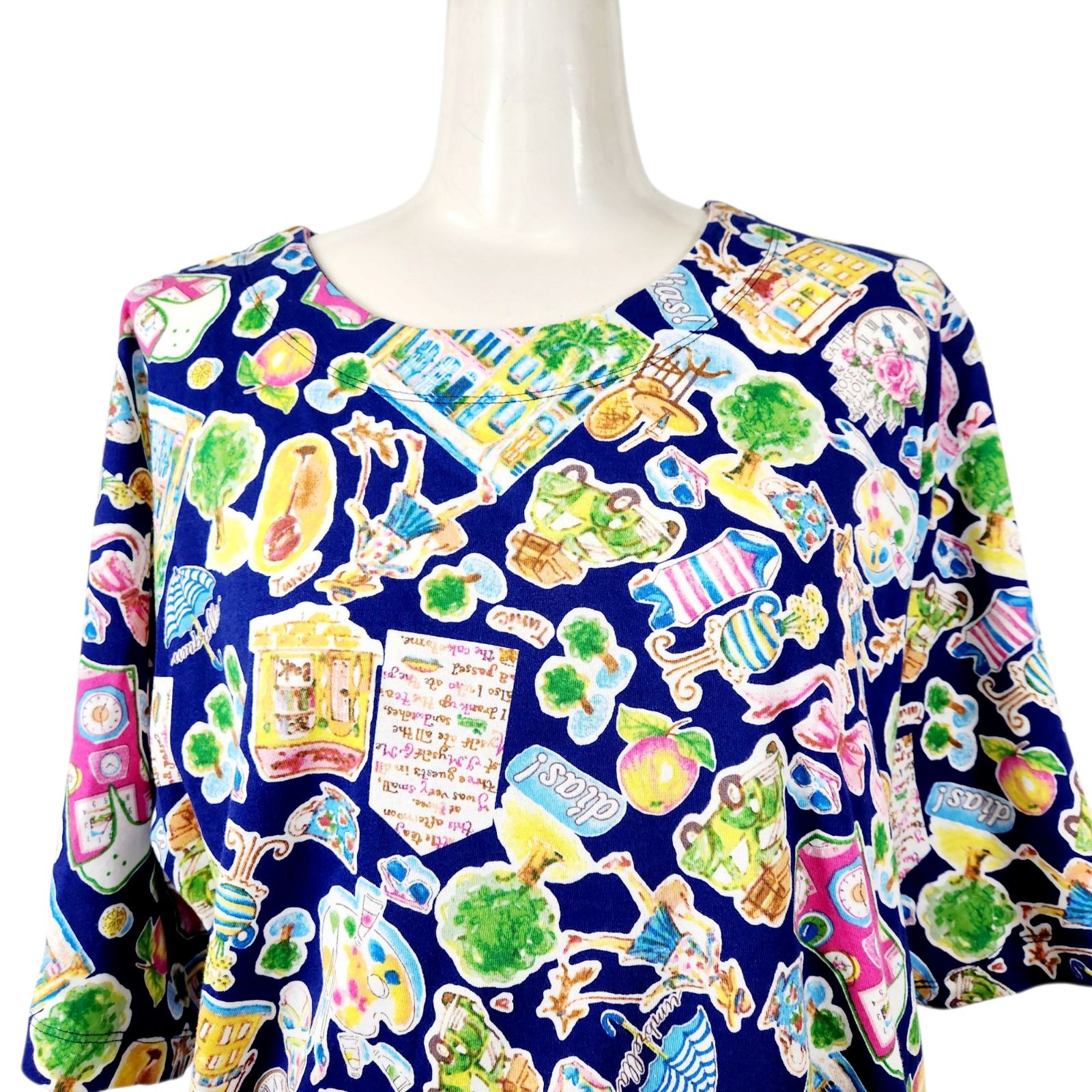 春物入荷 鴨居羊子 TUNIC 5分袖パジャマ パンツ無地 50強撚フライスTエスパーニャ 紺色 33326