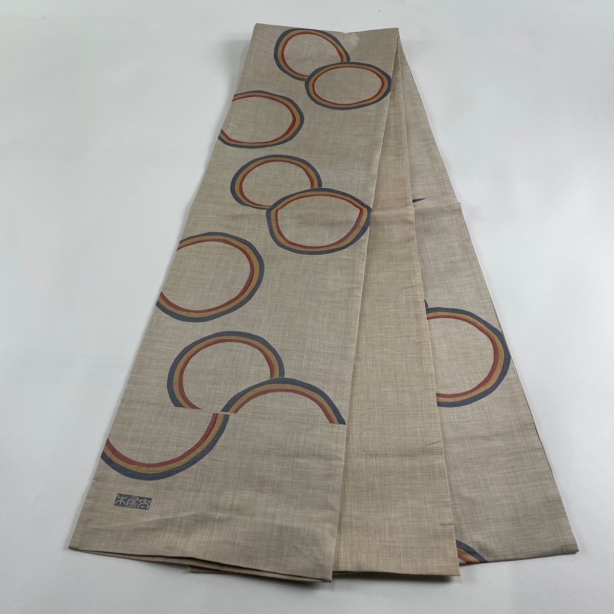 袋帯 美品 逸品 落款 木屋太 幾何学模様 金銀彩 灰茶 六通
