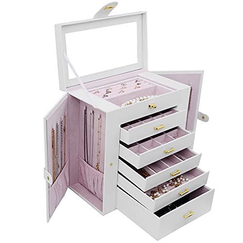 ホワイト BUBM ジュエリーボックス 大容量 6段 鏡付き アクセサリー
