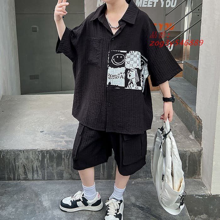 小学生 男の子 セットアップ カジュアルシャツ ハーフパンツ 2点セット ストリート ジュニア 半袖 ダンス 韓国 子供服 キッズ 子ども 春夏 zog3y546889