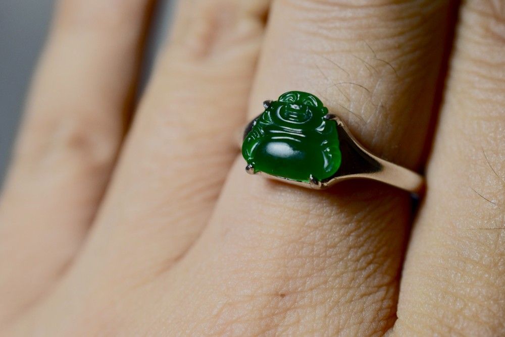 RS7-85 シルバー 深緑 弥勒仏 本翡翠 リング 指輪 フリーサイズ