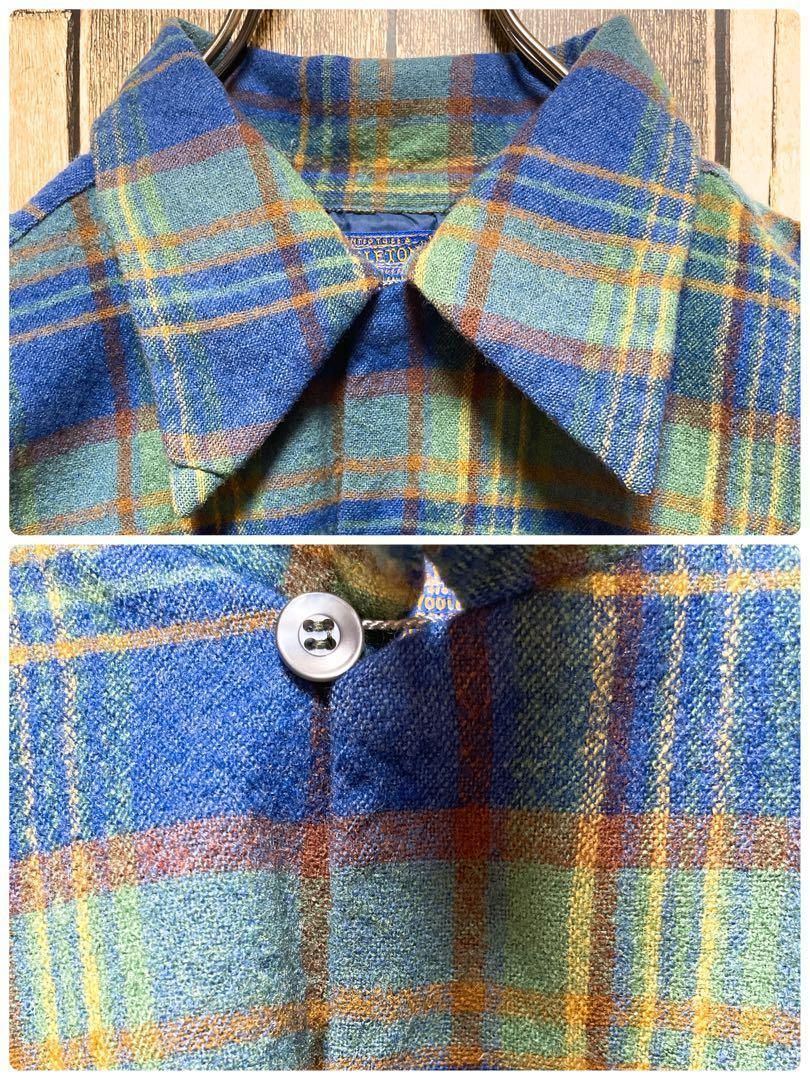 し*ん様 【美品】70s PENDLETON 青白チェック ネルシャツ 70年代当時物》ペンドルトン PENDLETON 緑青☆ネルシャツ S