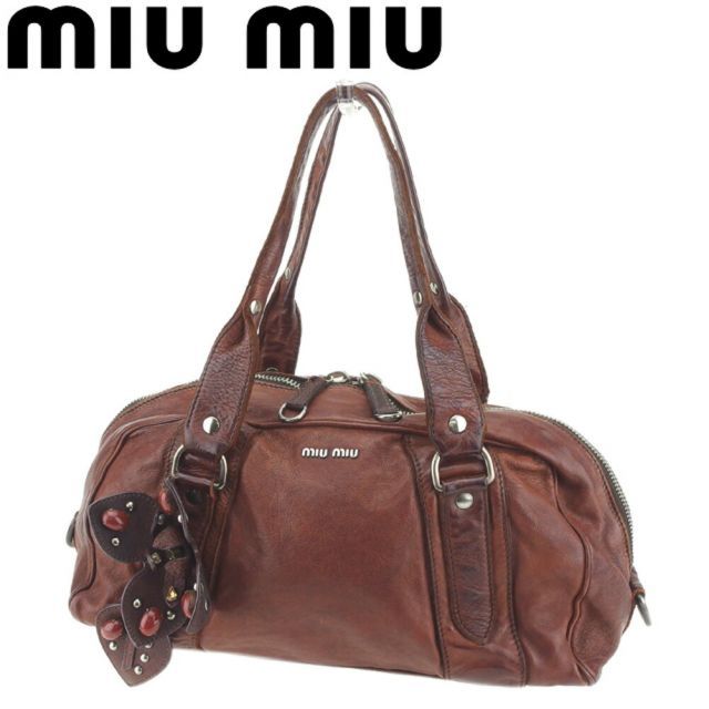 ミュウミュウ ショルダーバッグ ミニボストンバッグ ストーン スタッズ フラワーモチーフ ブラウン シルバー レザー miu miu バッグ バック 肩掛け 収納 バッグ  T8221 
