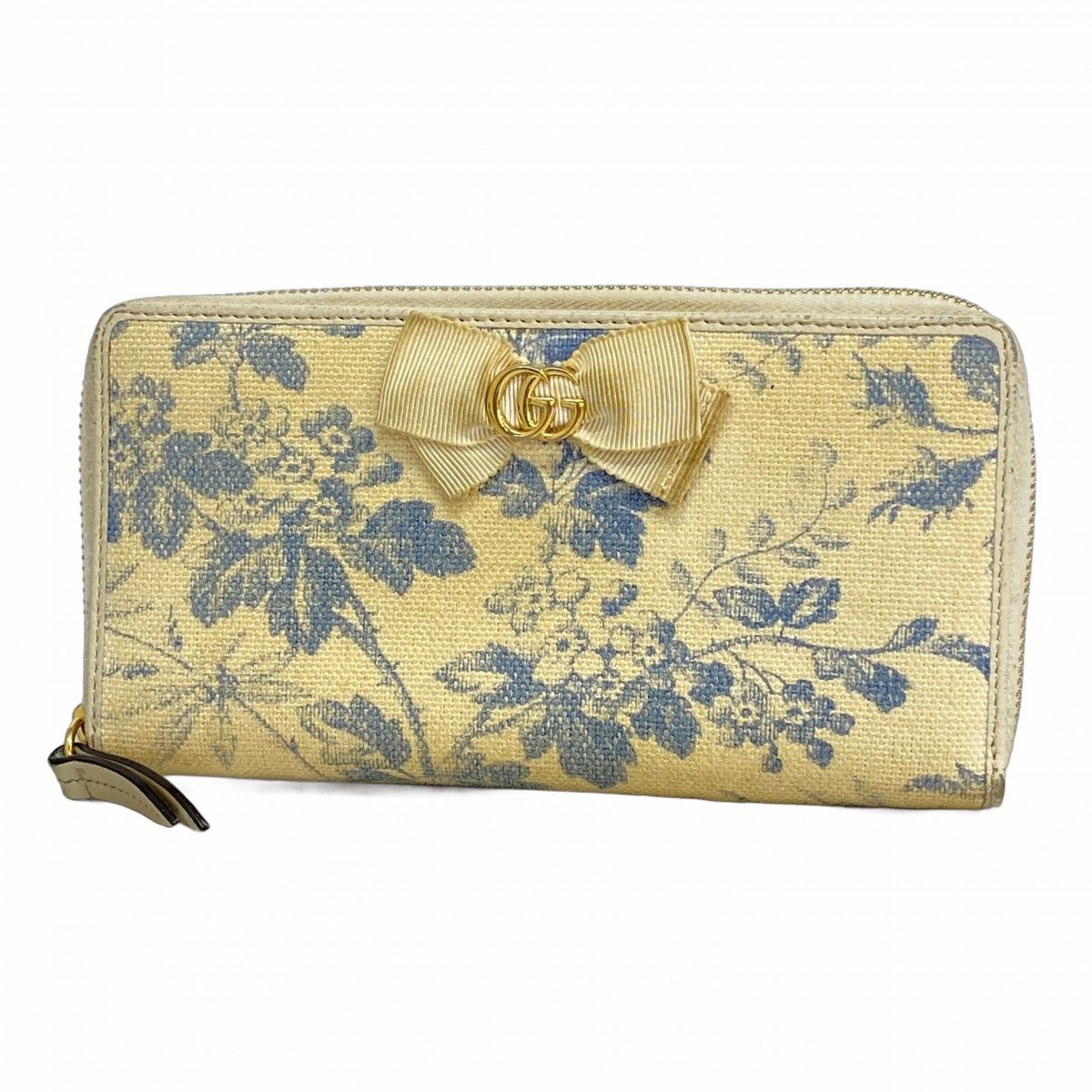 5mb2297-h グッチ 長財布 GGマーモント 435819 キャンバス アイボリー ブルー ゴールド金具 レディース