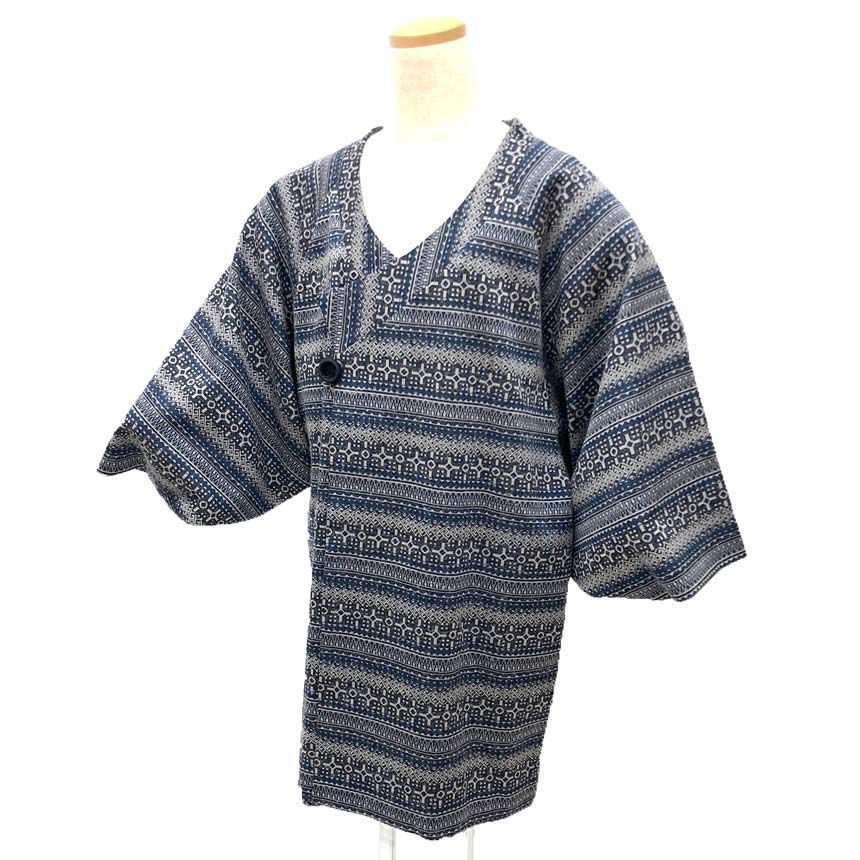 京やM452 着物コート 和装冬コート ウールコート 袷仕立て ラグラン袖 船底袖 千代田衿仕立て 幾何学模様 セミフォーマル カジュアル兼用 ネイビー×グレー×ブラック 仕立て上がり 道行 道中着 羽織 リサイクル着物