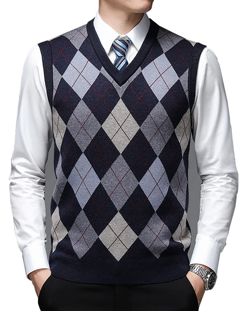 ビジネス ノースリーブ 袖なし セーター Vネック アーガイル インナーベスト 薄手 柄 スリム カジュアル タイト 防寒 メンズ 保温 ウールベスト ベスト 春 ニット 秋冬服 [Ｓｅｍｏ１ｍｕｓ] 