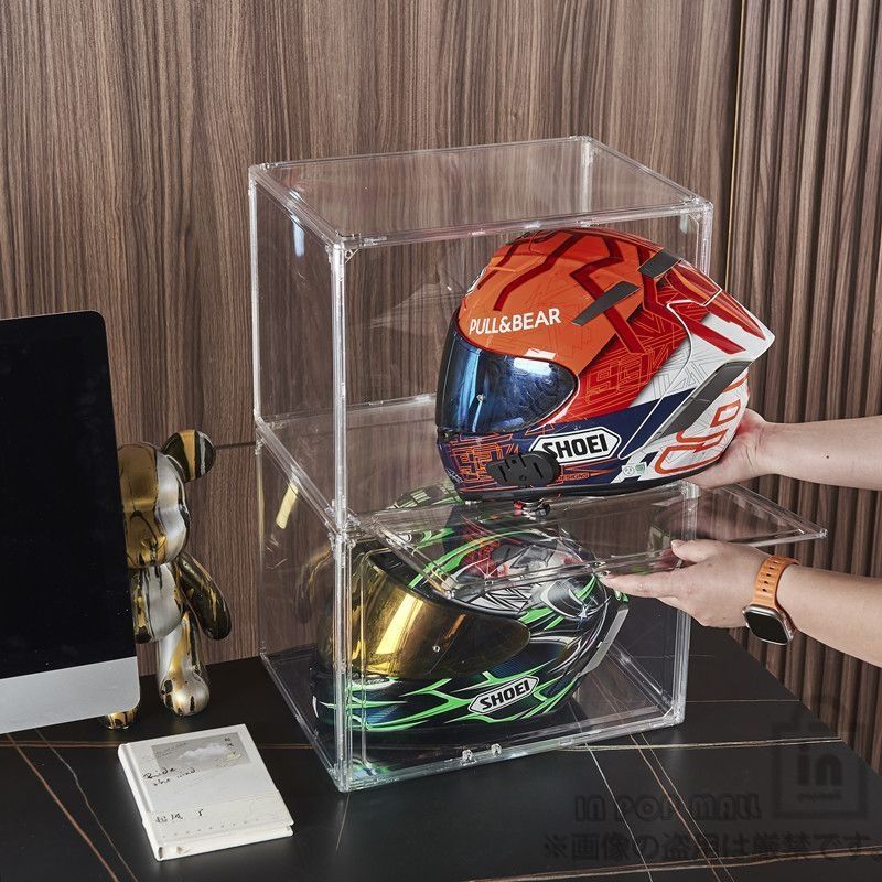 2個セット ヘルメット収納棚 収納ケース 収納ボックス 蓋付き 積み重ね 衣装ケース 書類 布団 おもちゃ 小物 押し入れ 収納 大容量  ヘルメット 展示用 防水 透明ケース 人形＆ヘルメットディスプレイケース