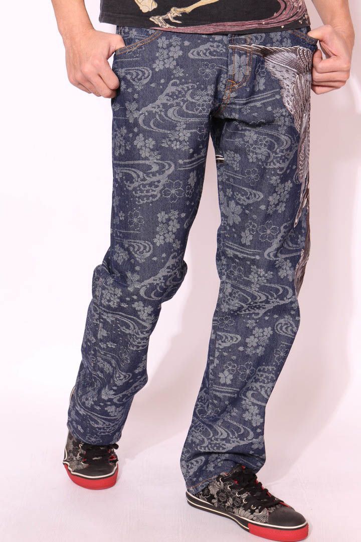 花旅楽団スクリプト 鳳凰刺繍 和柄 流水桜ジャガードデニム(SP-550)SCRIPT ジーンズ ボトムス【JISHA】 花旅楽団スクリプト 鳳凰刺繍 和柄 流水桜ジャガードデニム SP-550