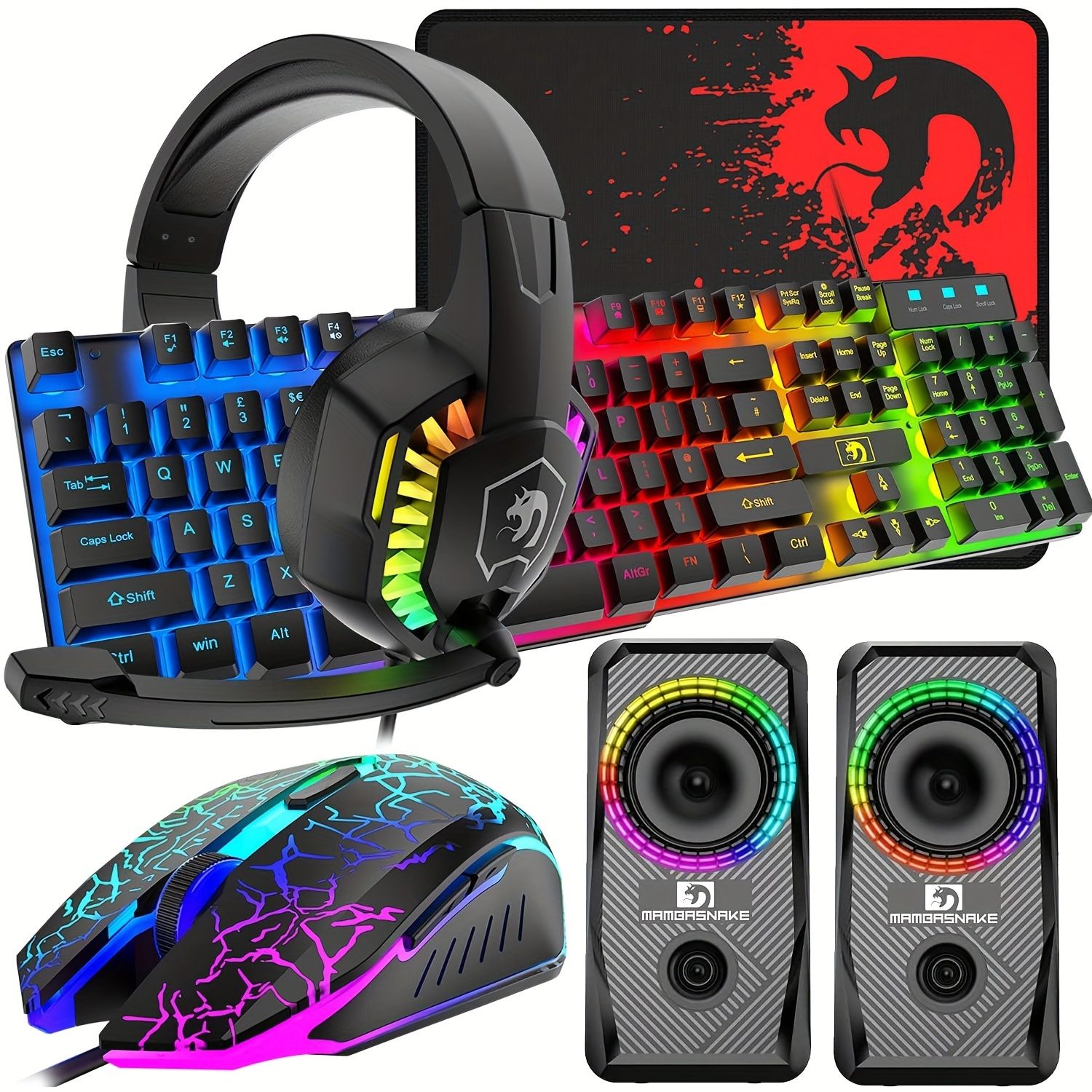 コンピューター PC ゲーム機 Mac PS4 Xbox One用のマルチRGBバックライト2400DPIマウス 大型マウスパッド付きの有線104キーのゲーミングキーボードマウスヘッドフォンスピーカー5in1コンボ 