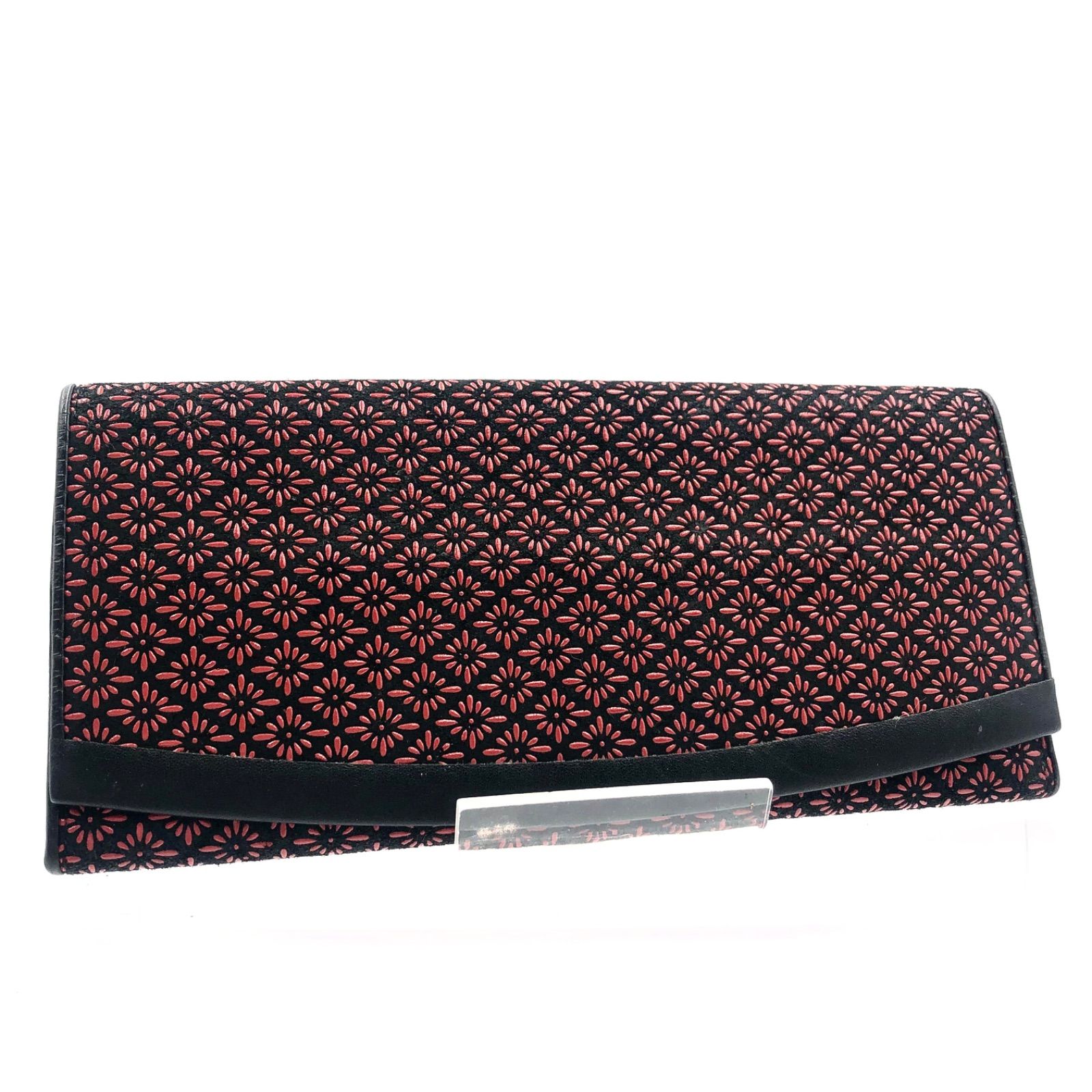 ■美品■印傳屋　INDEN-YA 長財布　甲州印伝　鹿革　ディアスキン　花柄　ブラック×ピンク　伝統工芸　シールあり