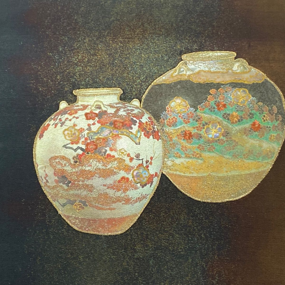 袋帯 秀品 花器 梅 螺鈿 金彩 深緑 お太鼓柄 正絹