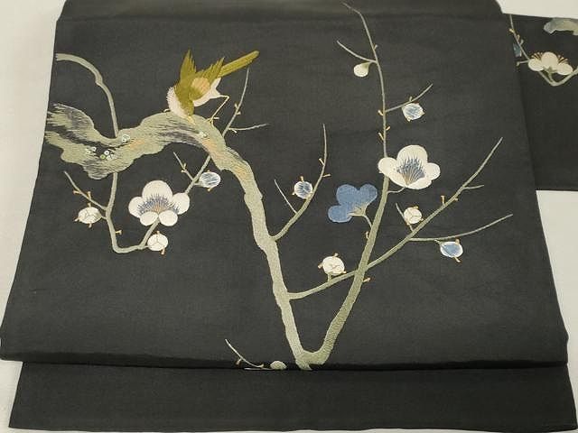 平和屋着物○アンティーク 大正ロマン 九寸名古屋帯 総刺繍 枝梅鳥文