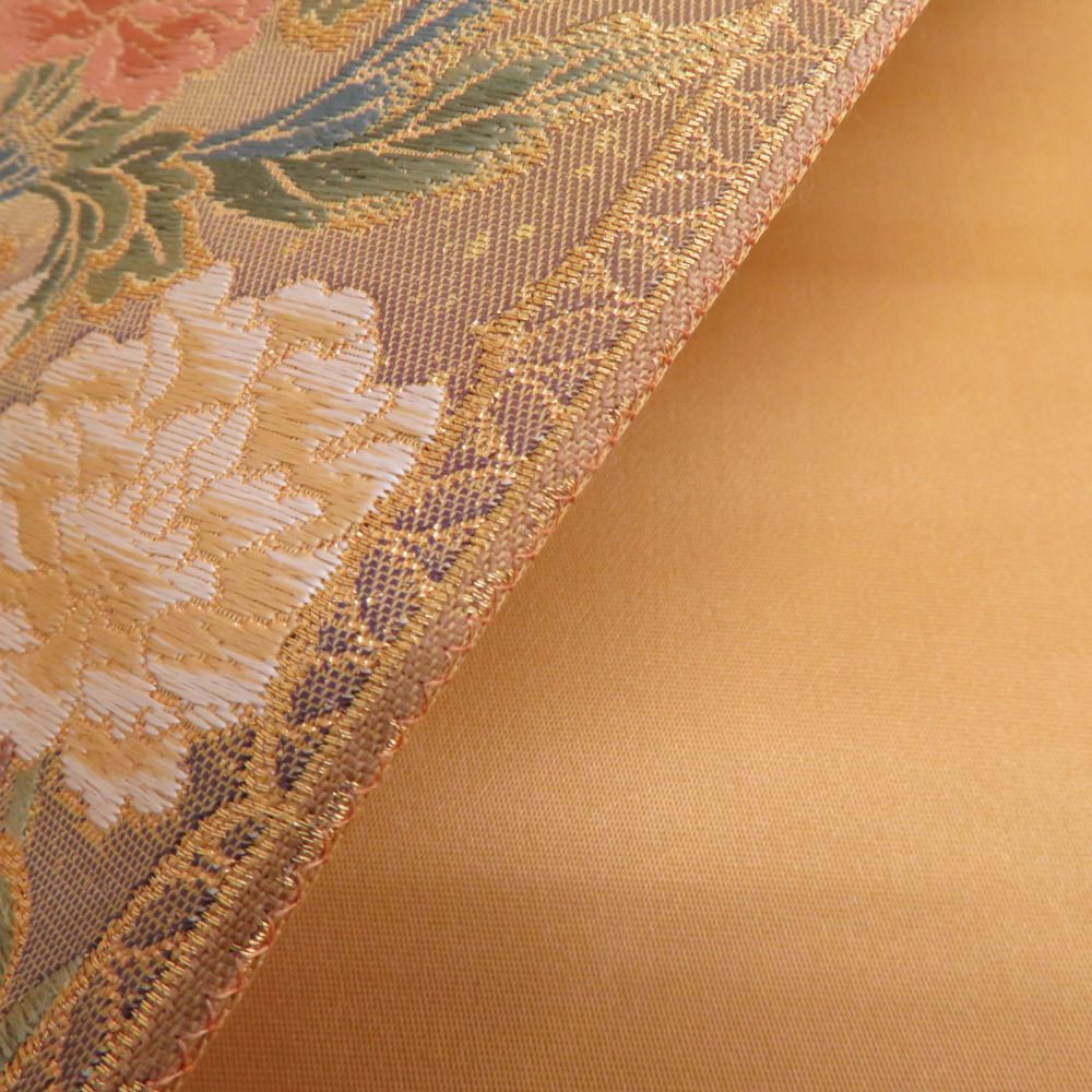 袋帯 花に鳳凰紋様 金糸 金x多色 六通柄 正絹 仕立て上がり 着物帯 長