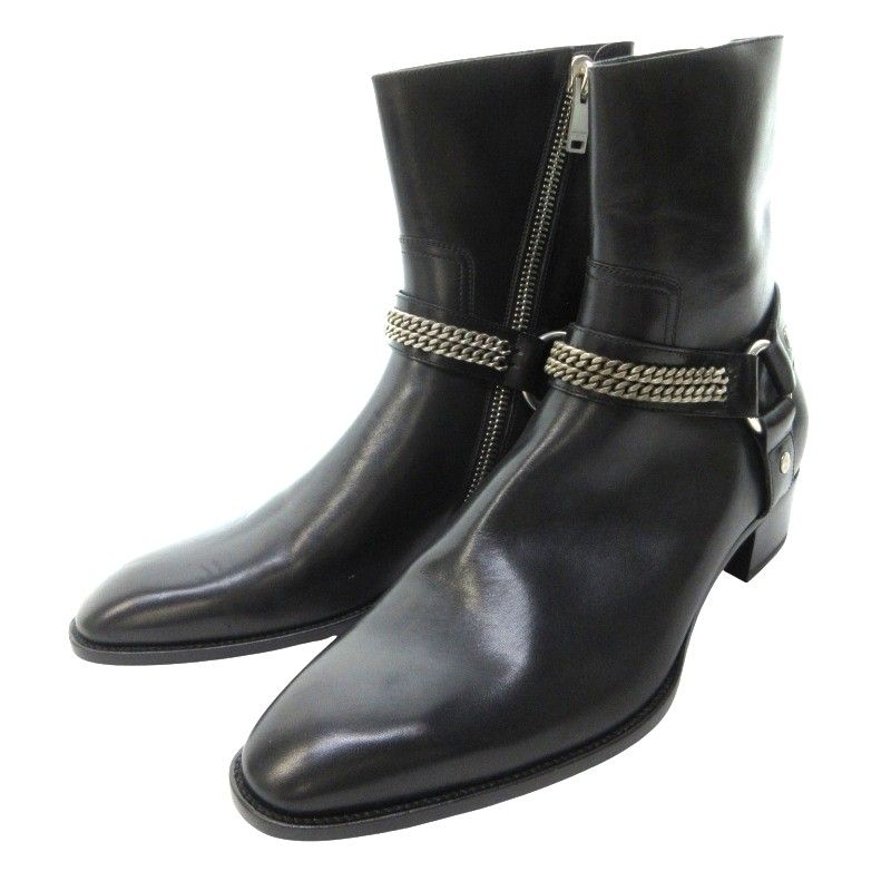 サンローラン パリ SAINT LAURENT PARIS ワイアットブーツ ヒールブーツ リングチェーン サイドジップ スムースレザー 黒 ブラック 43 約28cm GY17 0602