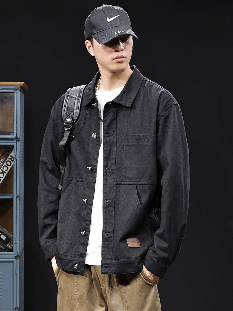 メンズ秋用デニムジャケット ワーク風 ヴィンテージ カジュアル シンプル 襟付き ブラック イエロー M〜4XL