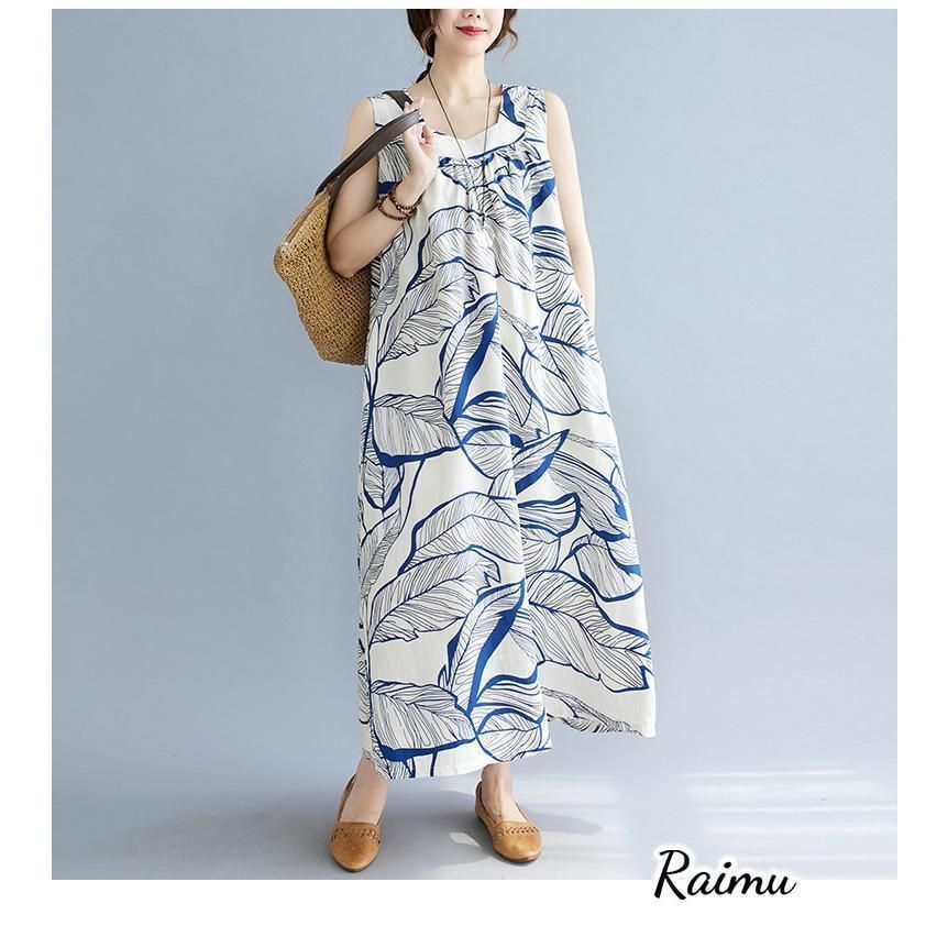 ワンピース マキシワンピース リゾートワンピ ノーカラー ノースリーブ