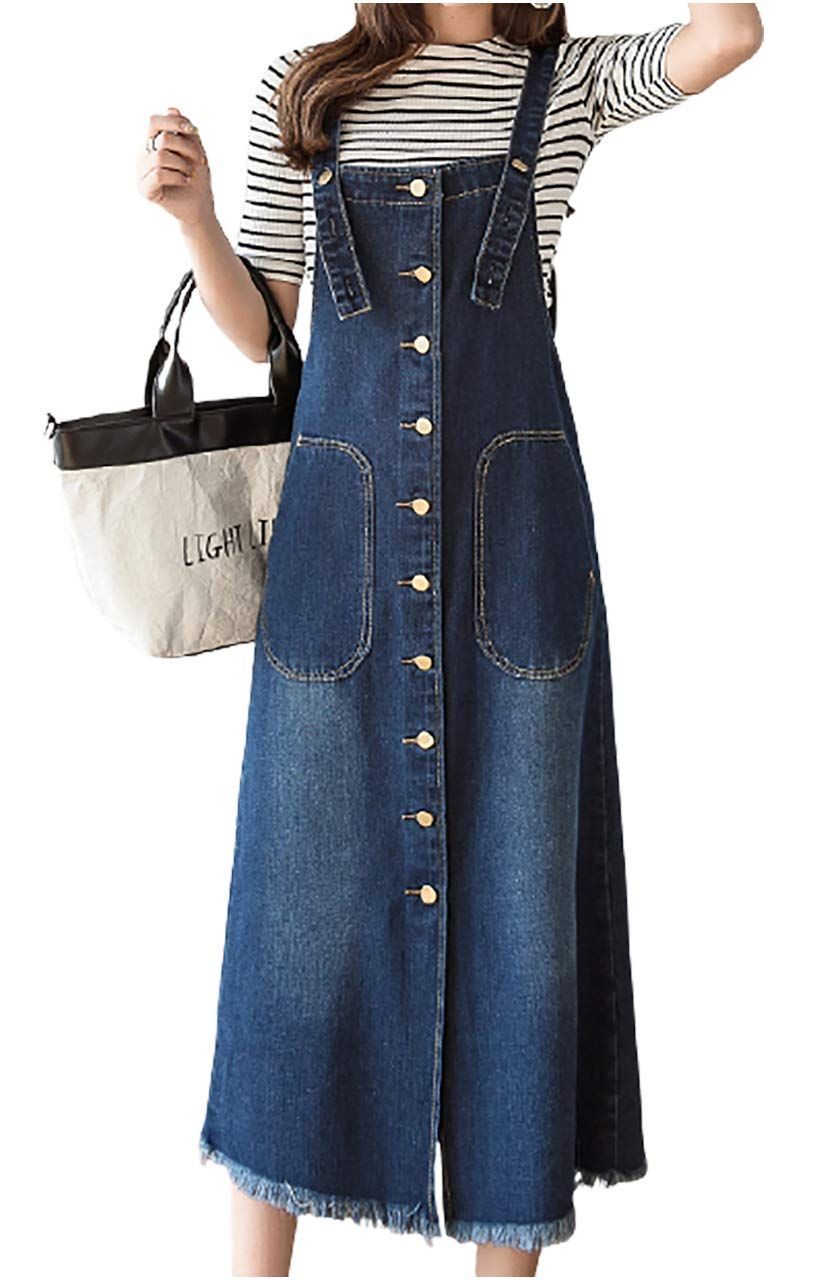 Size XL_Color ネイビー チュナッチ デニム サロペット ワンピース スカート オーバーオール 膝下 丈 前ボタン レディース マエアキ おしゃれ おめかし つなぎ アメカジ シンプル 大きい サイズ 青 ブルー スカイブルー xl アウトドア