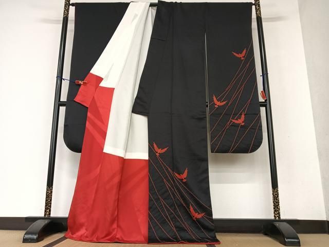 平和屋着物○染色作家 斉藤三才 振袖 絞り 三才鳥 黒地 ロング丈 正絹  