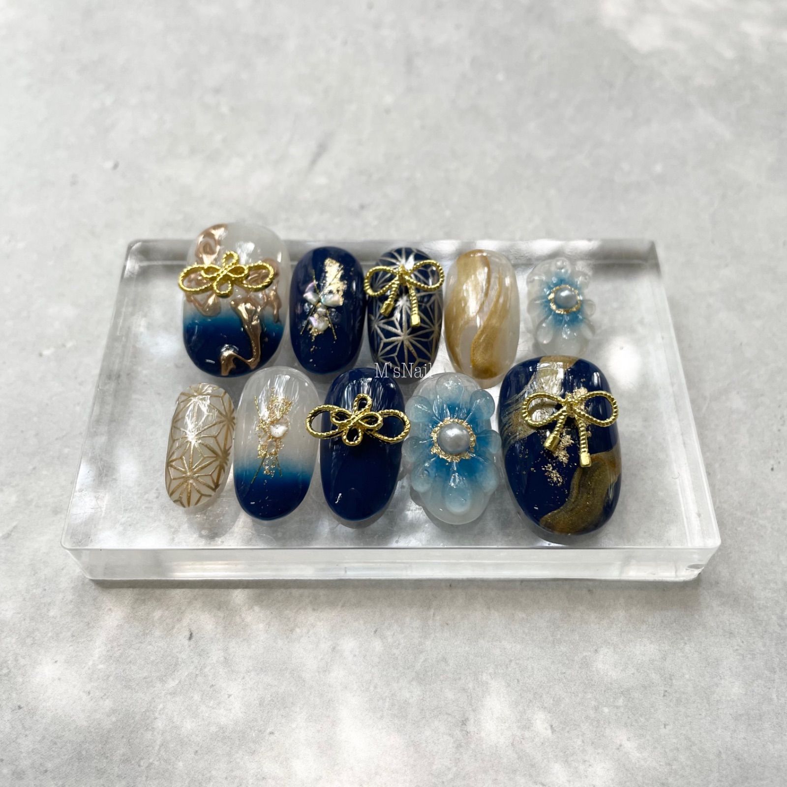 ネイルチップ 成人式 振袖 和柄 和装 花 フラワー 青 ネイルチップ