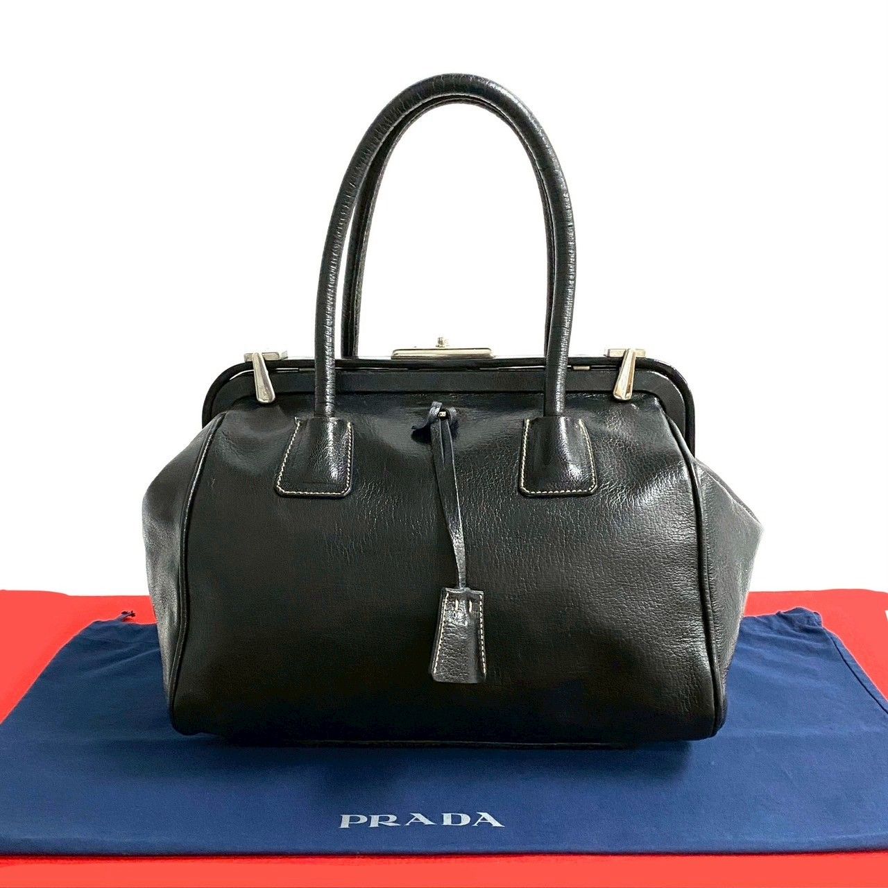 鍵付き 品 PRADA プラダ ロゴ金具 がま口 レザー 本革 ハンドバッグ ミニ ボストンバック トートバッグ ブラック 96985