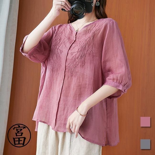 ブラウス 夏 レディース 刺繍ブラウス ゆったり Vネック 5分丈袖ブラウス エスニック柄 Tシャツ 五分丈袖 サマーTシャツ 半袖ブラウス
