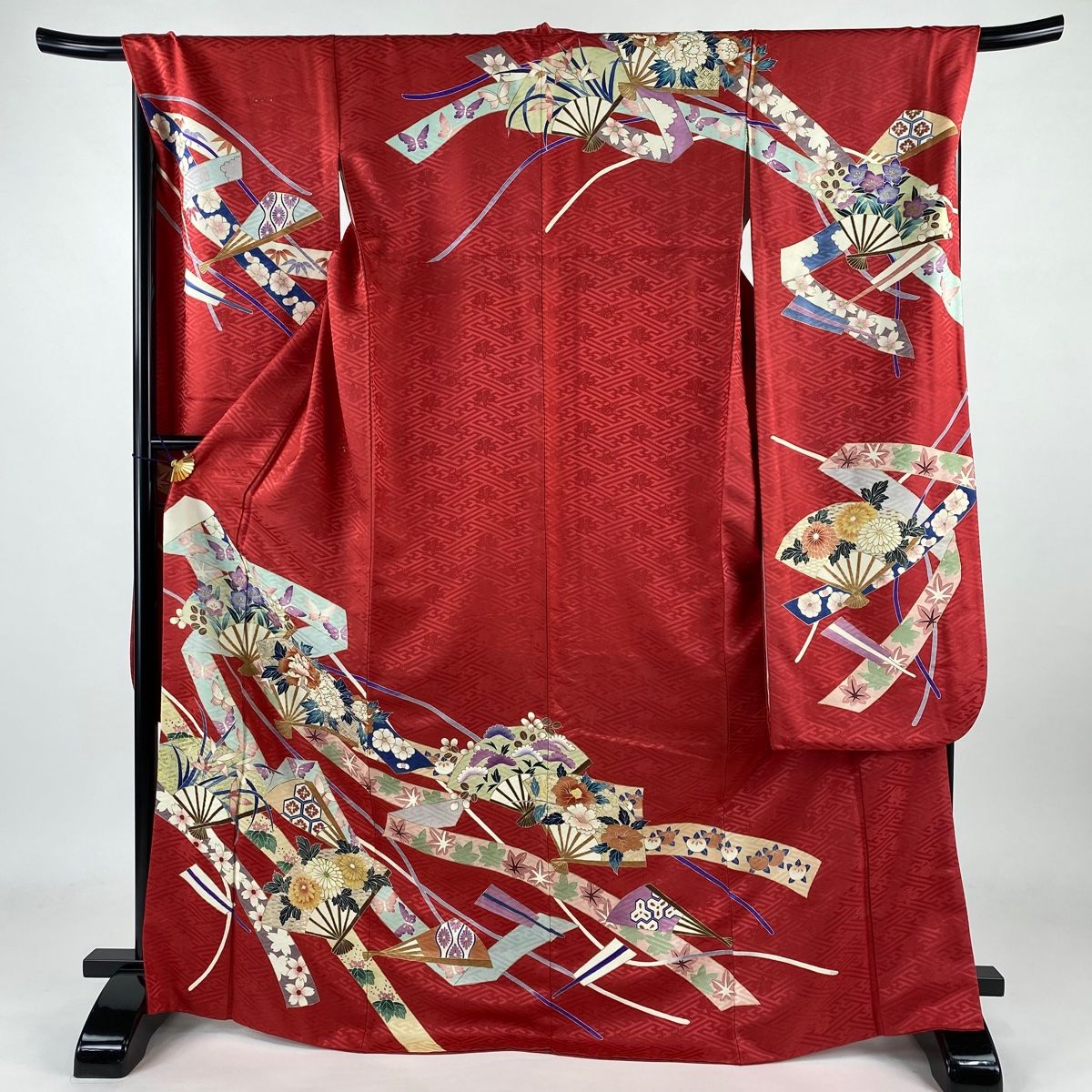 豪華綺麗美品Ｇ白×赤×金花トールサイズ身丈173cm裄丈72cm正絹振袖 振袖 身丈165cm 裄丈69cm L 袷 草花 金通し 箔 赤 正絹 美品