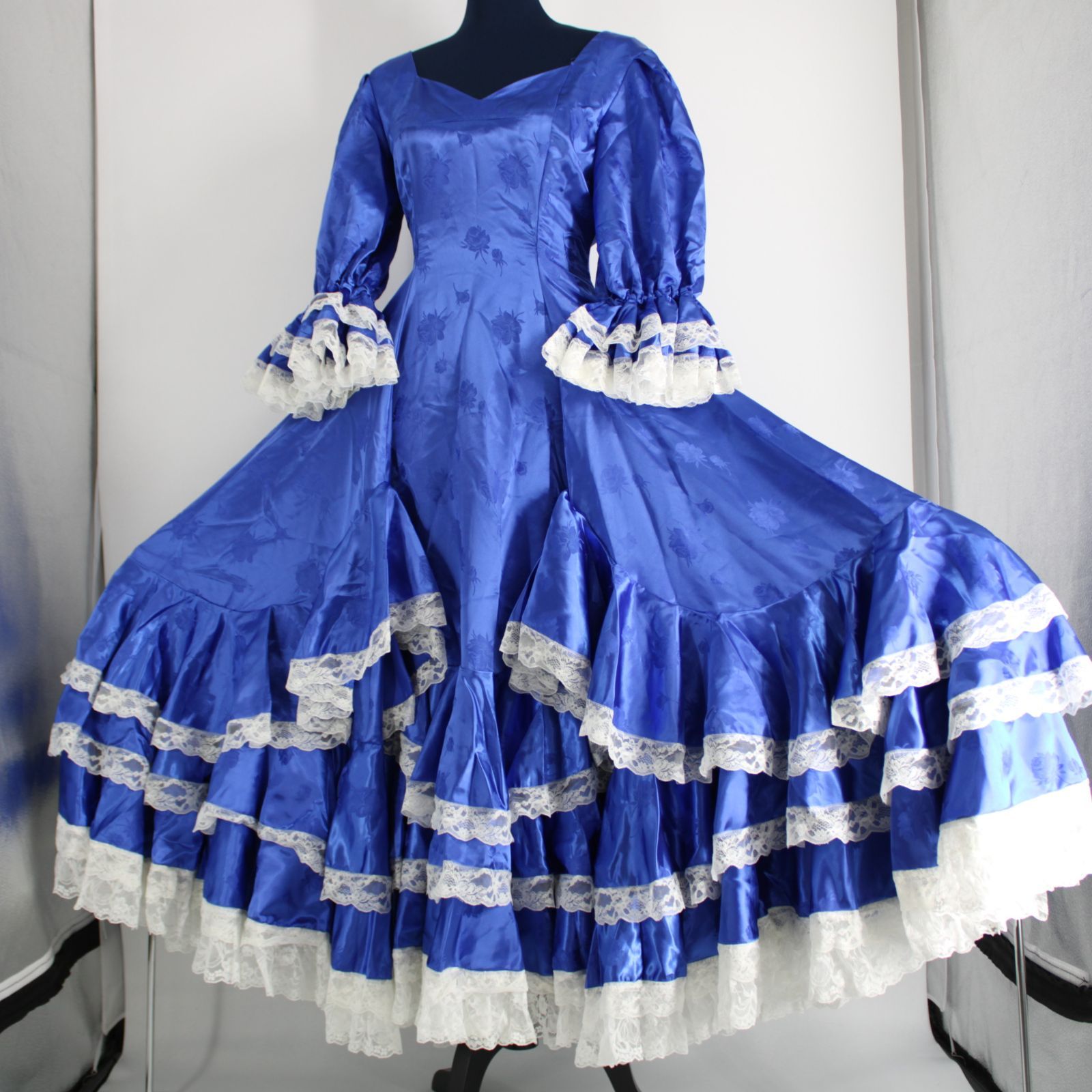 美品 フラメンコ衣装】ブルー×豪華ボランテ ワンピース ドレス レース 