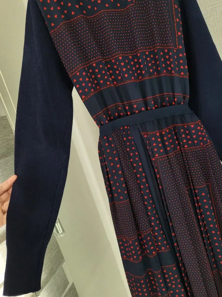 ネイビー ニット+シフォン ロング丈ワンピース
