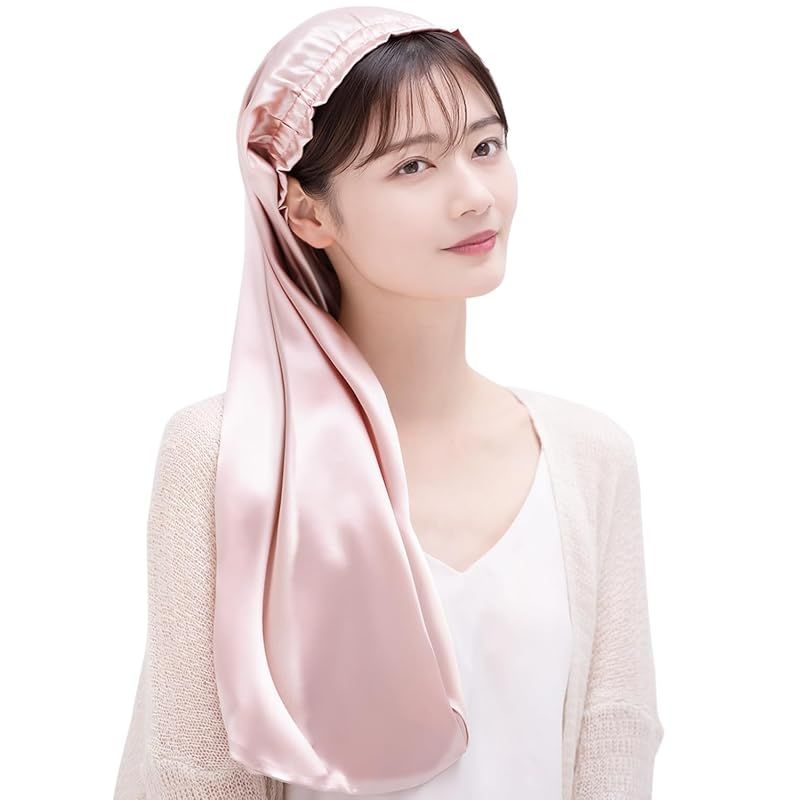 [COCOSILK] シルク ナイトキャップ ロングヘア用 シルクキャップ 筒型 ナイトキャップ ロング 髪 シルク100% 筒 ロングヘア 筒状 ヘアキャップ (75cm， Free Size， ライトピンク)