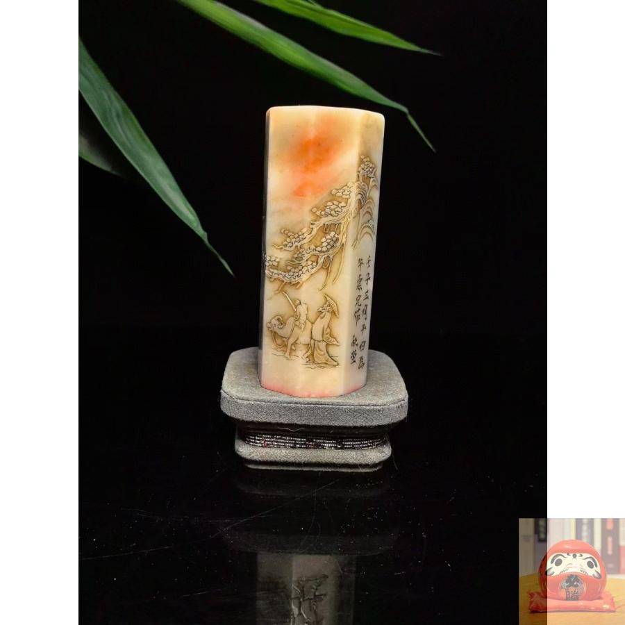 中国古美術.古寿山フヨウ石彫り.童子牧牛紋印章.印鑑. 文房具