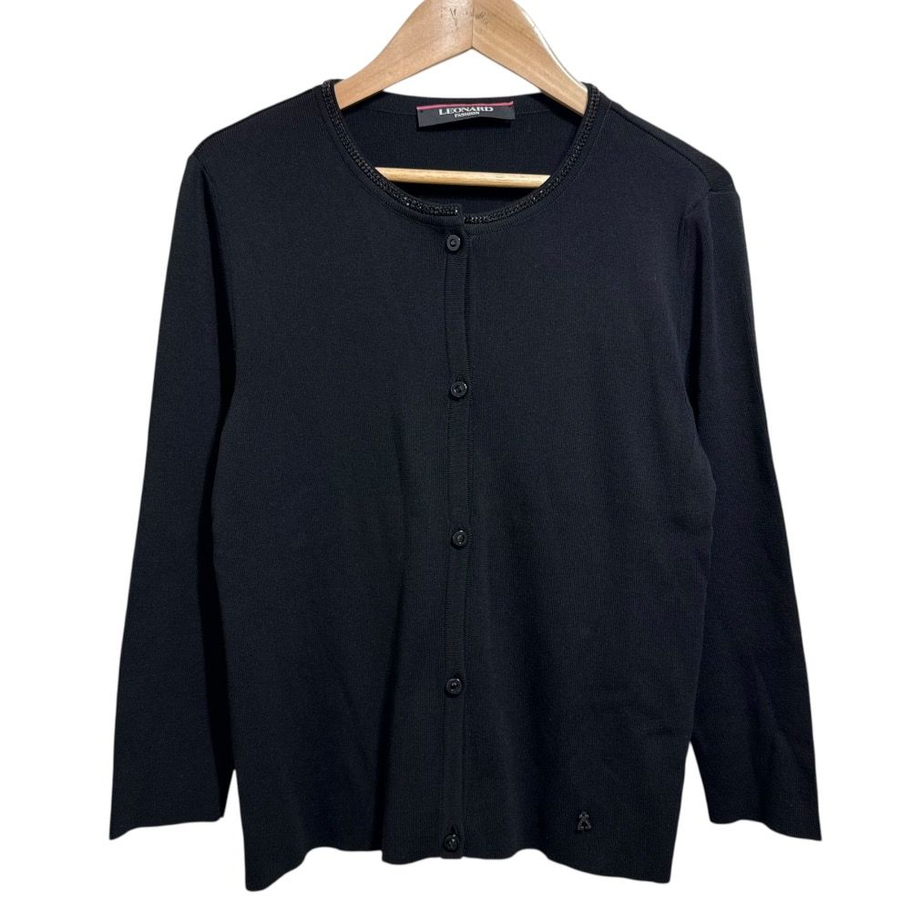 LEONARD FASHION レオナール ラインストーン装飾 長袖 ニット カーディガン 40 ブラック レディース 古着