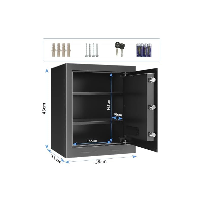 NATRKE 金庫 家庭用金庫 テンキー式 電子 防犯 緊急キー付き 家庭用 店舗用 保管庫 業務用 警報アラーム付き A4ファイル対応 床 壁に固定 日本語取扱説明書付き 43L 1