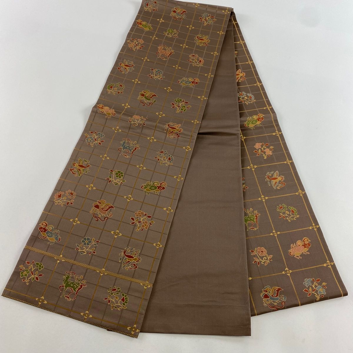 袋帯 秀品 関西仕立て 草花 幾何学模様 赤茶 全通 正絹 【中古】 袋帯 