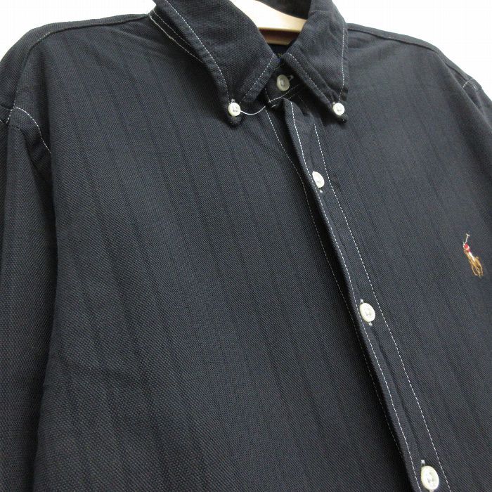 古着 ラルフローレン 長袖 ブランド シャツ キッズ ボーイズ 子供服 ワンポイントロゴ 鹿の子 コットン ボタンダウン 濃グレー ストライプ 