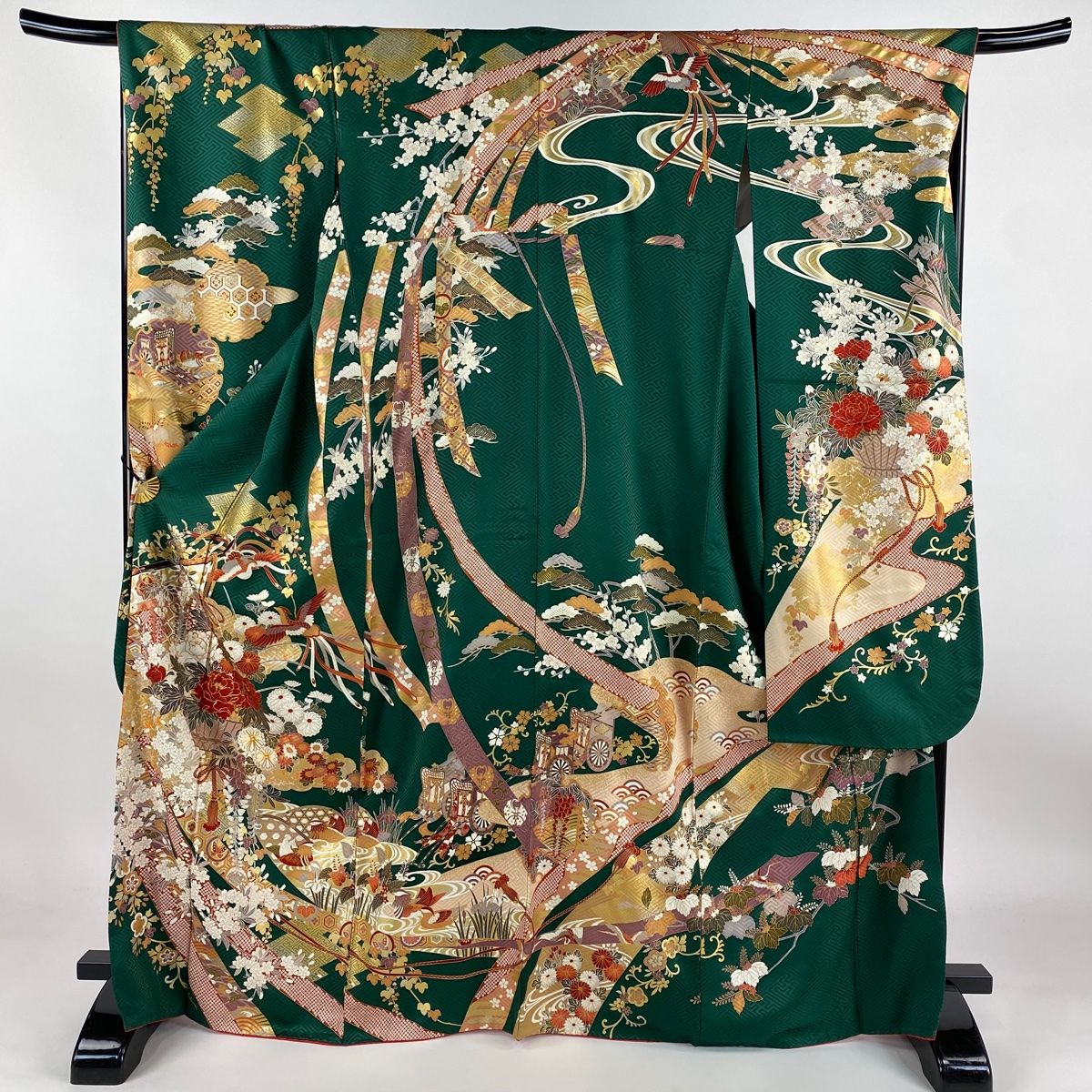振袖 身丈168cm 裄丈67cm M 袷 花籠 花鳥 金糸 金彩 緑 正絹
