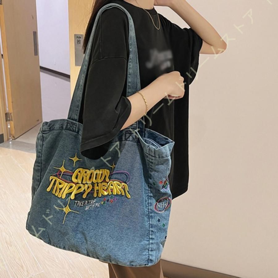 トートバッグ レディース かばん ショルダーバッグ 大容量 刺繍 軽量 柔らかい デニム 収納多数 通勤 通学 ファスナー付き きれいめ 大学生 軽いカバン デニム
