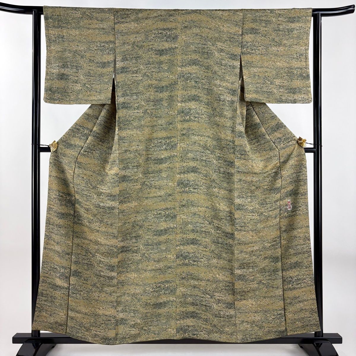 小紋 身丈156cm 裄丈63cm S 袷 陶彩染 幾何学 茶緑色 正絹 秀品