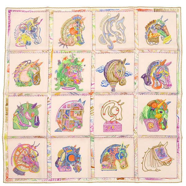 エルメス HERMES スカーフ カレ90 CARRE シルク ローズナクレ×ヴェール×マルチ CHEVALOSCOPE|シュヴァロスコープ 箱